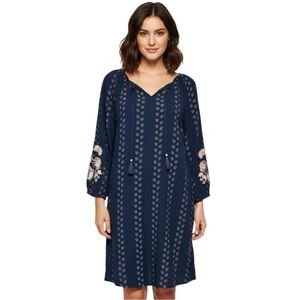 J. Jill Navy Floral Embroidered 3/4 Sleeve Chambray Dress Sz Small